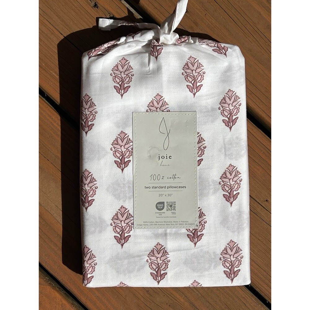 Joie Home White Pillowcase Pair With Dark Pink Floral Pattern 100% Cotton New